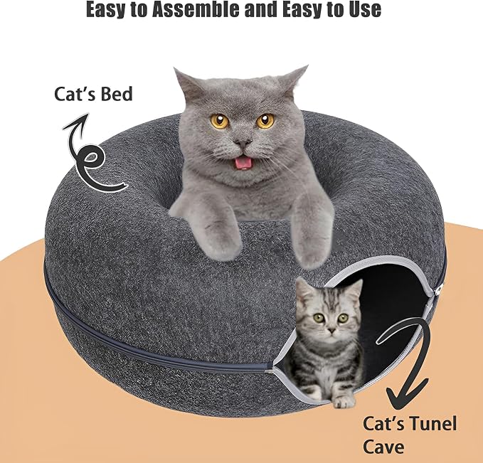 24inch-Tunnel Bed for Indoor,cattasaurus Peekaboo cat cave for Multiple,Detachable Felt Felt Washable Interior for Indoor Cats,Donut Tunnel (Dark Grey)