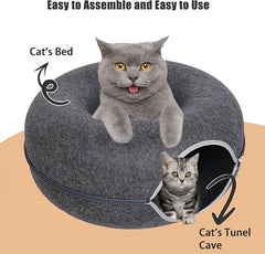 24inch-Tunnel Bed for Indoor,cattasaurus Peekaboo cat cave for Multiple,Detachable Felt Felt Washable Interior for Indoor Cats,Donut Tunnel (Dark Grey)