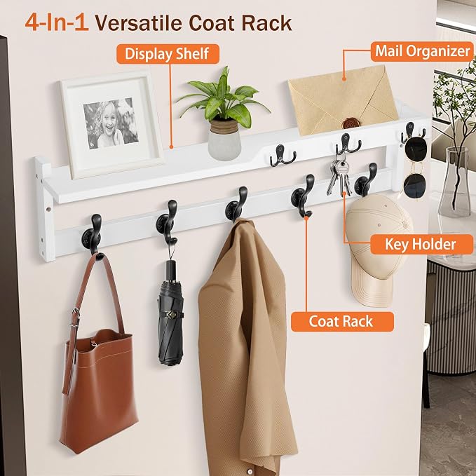 29'' Coat Rack Wall Mount with Shelf, Coat Hanger Wall Mount with Key Hooks and Mail Holder, Wood Entryway Floating Shelf with Hooks and Storage, Hat Rack for Wall Key Holder Mail Organizer
