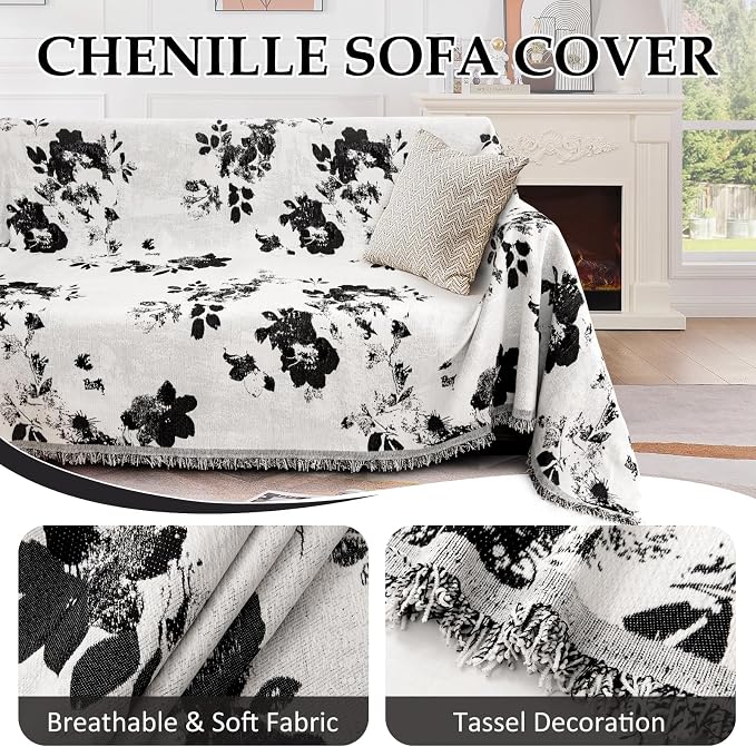 1OO% Waterproof Sectional Couch Covers for Dogs L Shaped Corner Sofa Cover Washable Chenille Sofa Slipcovers Blanket Modern Jacquard Pet Furniture Protector (91"x276", Black Flower)