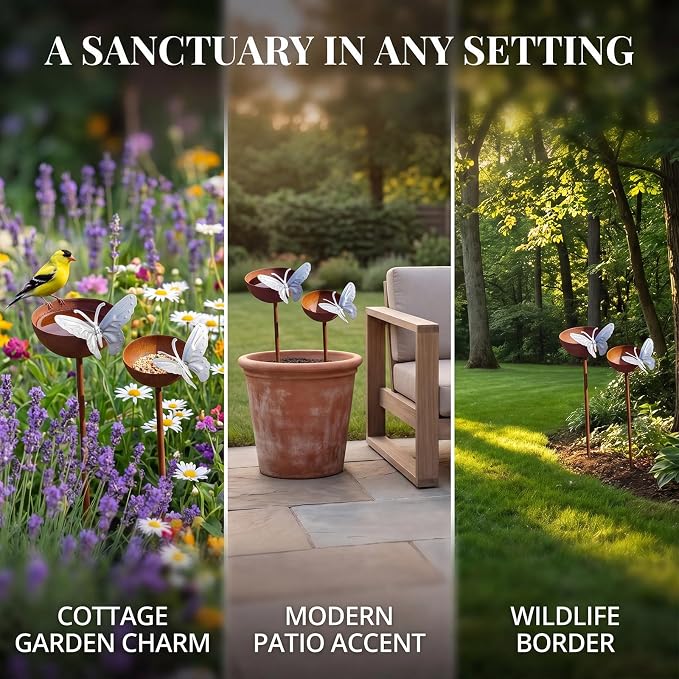 2 Pack Rusty Rain Catcher Garden Stake - Adjustable Metal Bird Feeder and Bath Bowl, Butterfly Style Vintage Outdoor Decor for Lawn Yard, Attracts Birds and Beneficial Insects