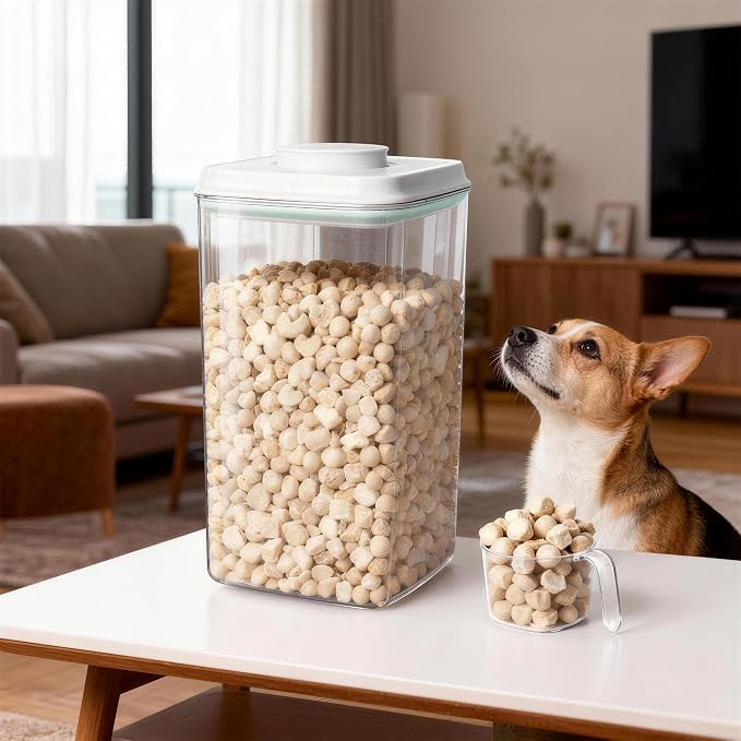 3-5 Lbs Dog Cat Treat Container Pop Pet Food Storage Container with Scoop | Dog Food Storage Bin Canister with Pop Up Lid Airtight Stackable BPA-Free Pet Treat Containers for Kibble & Treats 4.2qt