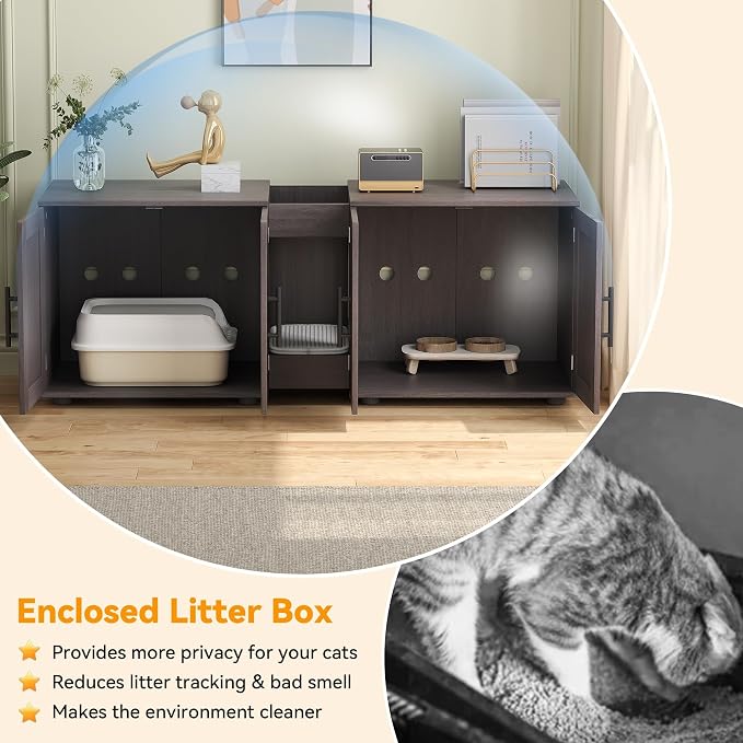 3-in-1 Cat Litter Box Enclosure for 2 Cats, 55 Inch Large Hiddden Litter Box Enclosure Furniture with Double Rooms, Farmhouse Wooden Cat Washroom for Bedroom Living Room, White