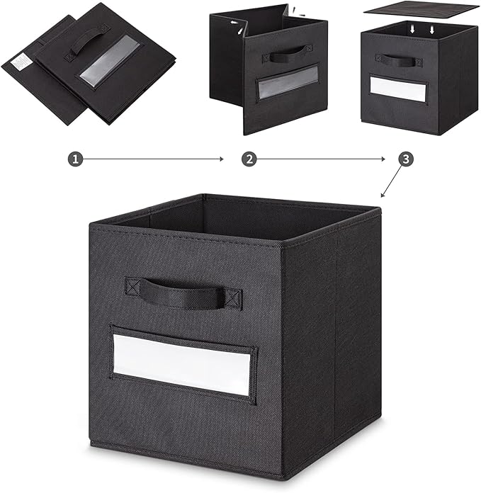 11 Inch Storage Cube,Storage bin,cube storage (Set of 10) Foldable Fabric Cube Storage Bins with 10 Labels Window Cards & a Pen,Baskets Containers for Shelves,Closet Organizers Box,Black
