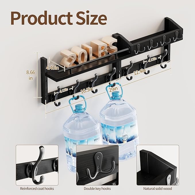 29 inch Coat Rack Wall Mount with Shelf, Heavy Duty Coat Hooks Wall Mount, Entryway Coat Hanger Wall Shelf with Key Holders and Mail Organizer for Living Room, Bedroom, Bathroom, Black
