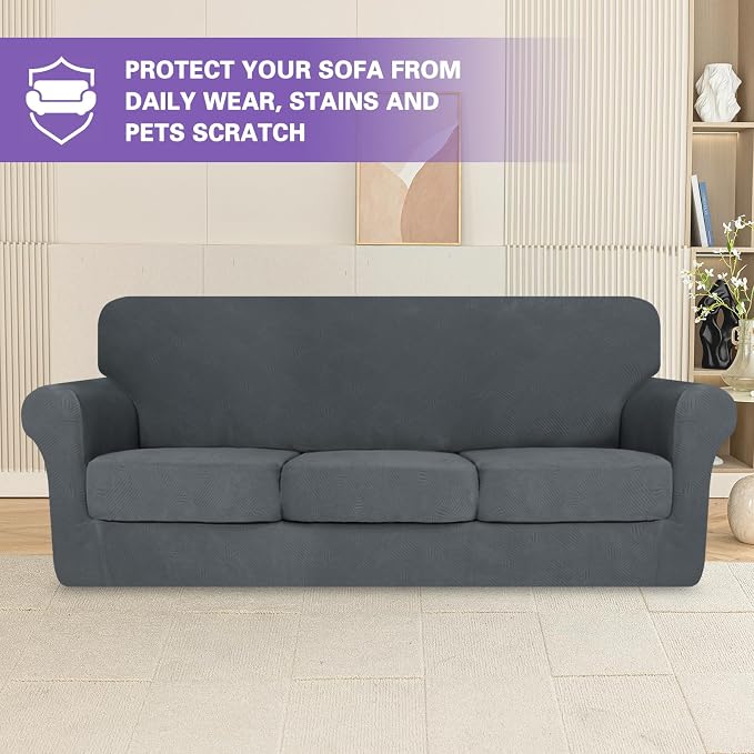 2025 Striped XL-Sofa Covers 4 Piece, Stretch Couch Covers for Extra Large Sofa, Anti Slip Oversized Slipcovers with Bottom Ties, Thick Durable Washable, Soft Cozy Protector (71"-91", Dark Grey)