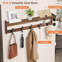 29'' Coat Rack Wall Mount with Shelf, Coat Hanger Wall Mount with Key Hooks and Mail Holder, Wood Entryway Floating Shelf with Hooks and Storage, Hat Rack for Wall Key Holder Mail Organizer