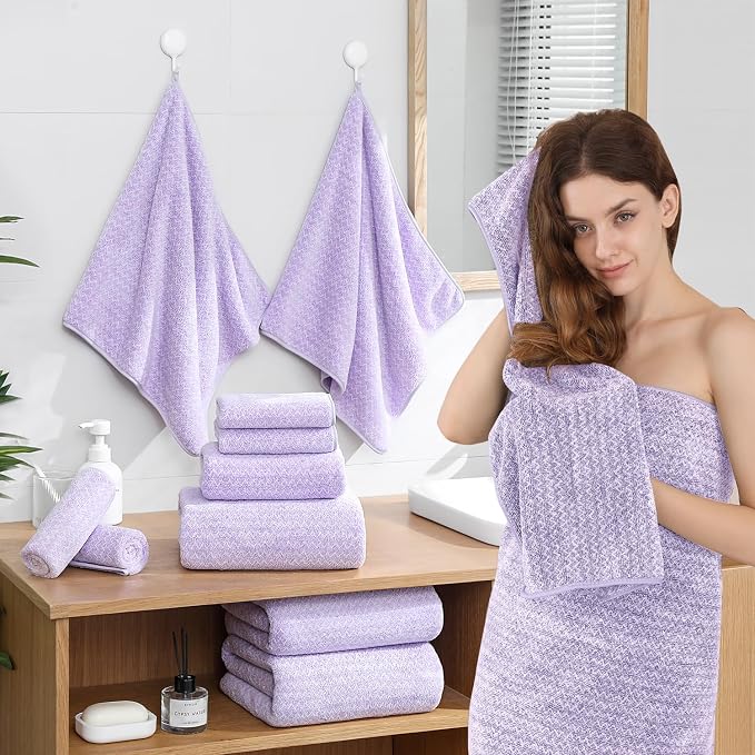 18 Piece Bath Towels Set,100% Microfiber Family Bathroom Towel with Hanging Loops-6 Bath Towels,6 Hand Towels,6 Washcloths,Quick Dry Highly Absorbent Shower Towel for Bathroom,Hotel,Spa-Light Purple