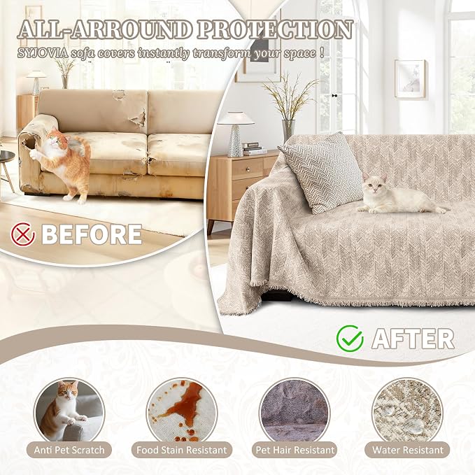 1OO% Waterproof Sectional Couch Covers for Dogs L Shaped Corner Sofa Cover Washable Chenille Sofa Slipcovers Blanket Modern Jacquard Pet Furniture Protector (91"x276", Light Khaki)