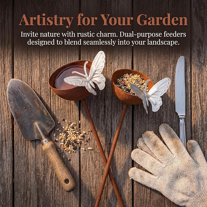 2 Pack Rusty Rain Catcher Garden Stake - Adjustable Metal Bird Feeder and Bath Bowl, Butterfly Style Vintage Outdoor Decor for Lawn Yard, Attracts Birds and Beneficial Insects
