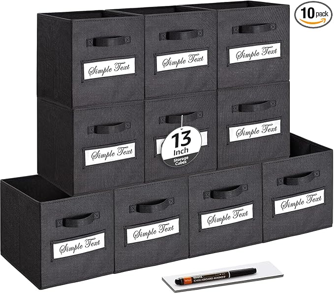 13x13x13 storage cube bins (Set of 10) Fabric storage cubes with 10 Labels Window Cards & a Pen, storage cubes 13x13, Collapsible 13 inch cube storage bins, Cubby Organizer Boxes, Black