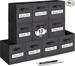 13x13x13 storage cube bins (Set of 10) Fabric storage cubes with 10 Labels Window Cards & a Pen, storage cubes 13x13, Collapsible 13 inch cube storage bins, Cubby Organizer Boxes, Black