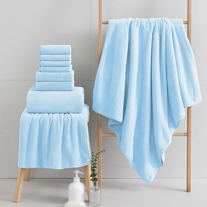 18 Piece Microfiber Bath Towels Set - 6 Bath Sheets,6 Hand Towels And 6 Washcloths,Soft Family Towels,Highly Absorbent Bathroom Towel,Quick Dry Shower Towel Luxury Towels For Hotel Spa Dorm-Blue