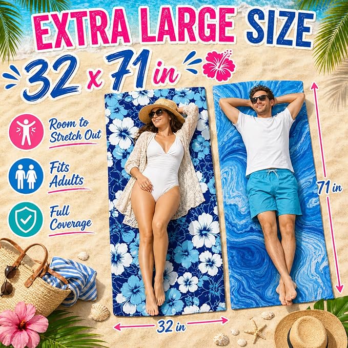 12 Pack Microfiber Beach Towel Set, 32x71 Oversized Extra Large Swim Pool Towel, Soft Fiber Beach Towels Set for Summer Travel, Spa, Swim Pool Accessories, Vacation Essential Gift (Blue and Floral Pac