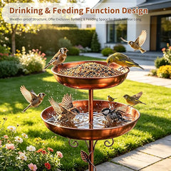 2-in-1 Tall Bird Bath and Feeder for Outdoors, 47" Adjustable Metal Standing Birdfeeder with 5-Prong Base, Antique Copper Finish Rustproof Water Bowl & Seed Tray Station for Garden Yard Patio Decor