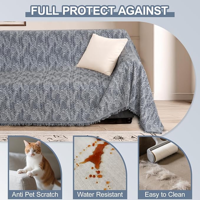 1OO% Waterproof Sectional Couch Covers for Dogs L Shaped Corner Sofa Cover Washable Chenille Sofa Slipcovers Blanket Modern Jacquard Pet Furniture Protector (91"x276", Navy Wave)