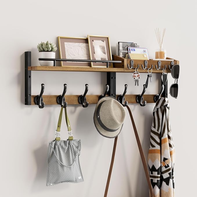 29 inch Coat Rack Wall Mount with Shelf, Entryway Wall Shelf with Hooks, Heavy Duty Coat Hanger Wall Mount with Key Holders and Mail Organizer for Living Room, Bedroom, Wooden Brown & Black