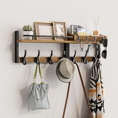 29 inch Coat Rack Wall Mount with Shelf, Entryway Wall Shelf with Hooks, Heavy Duty Coat Hanger Wall Mount with Key Holders and Mail Organizer for Living Room, Bedroom, Wooden Brown & Black