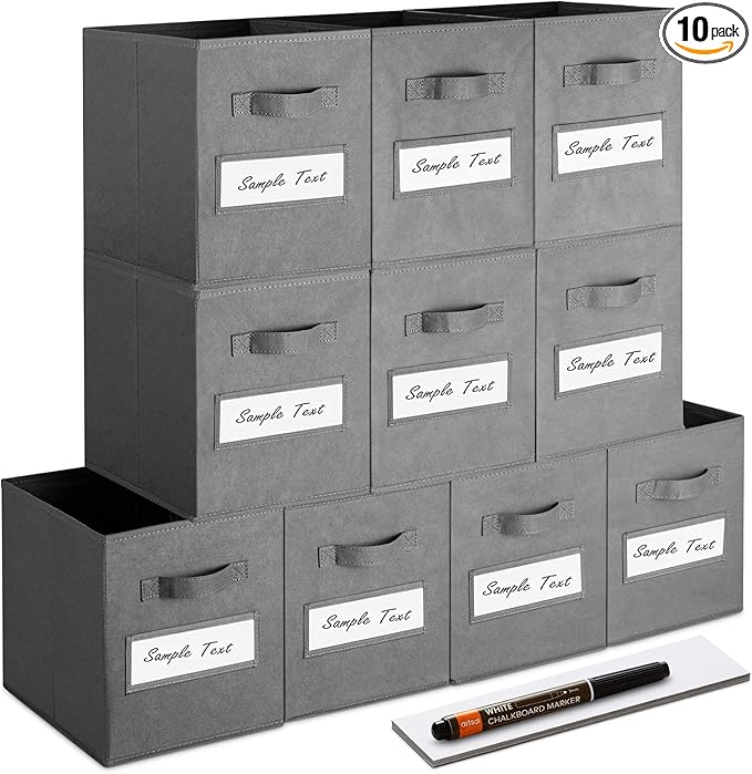 11 Inch Storage Cube,Storage bin (Set of 10) Foldable Fabric Cube Storage Bins with 10 Labels Window Cards & a Pen,Baskets Containers for Shelves,Closet Organizers Box for Home & Office,Gray