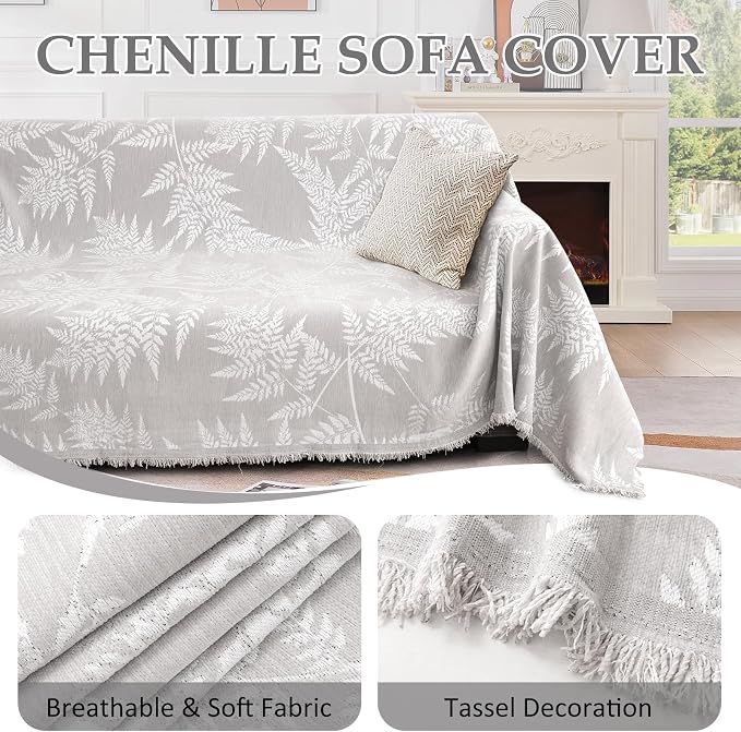 1OO% Waterproof Sectional Couch Covers for Dogs L Shaped Corner Sofa Cover Washable Chenille Sofa Slipcovers Blanket Modern Jacquard Pet Furniture Protector (91"x252", Light Gray Leaf)