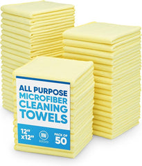 12" x 12" Microfiber Cleaning Cloths (50 Pack) - Reusable Towels, Wash Rags, Dust Cloth, All-Purpose: Kitchen, Dish, Cars, Shop, Glass (Yellow)