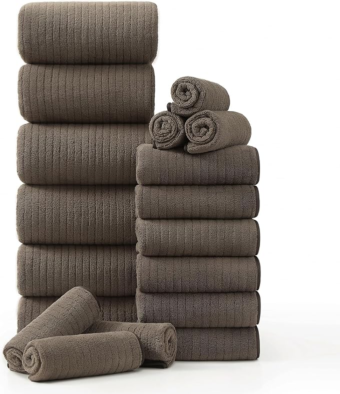 18 Piece Family Bath Towel Set Include 6 Bath Towels,6 Hand Towels and 6 Washcloths Soft Bathroom Towel with Hanging Loops,Highly Absorbent Quick Dry Towels Set for Bathroom,Hotel and Spa-Brown