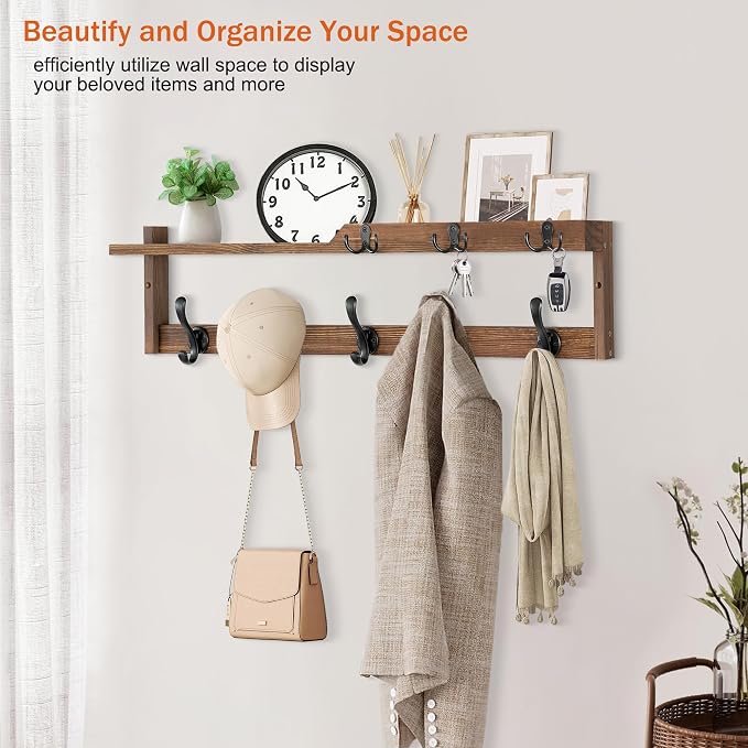 29'' Coat Rack Wall Mount with Shelf, Coat Hanger Wall Mount with Key Hooks and Mail Holder, Wood Entryway Floating Shelf with Hooks and Storage, Hat Rack for Wall Key Holder Mail Organizer