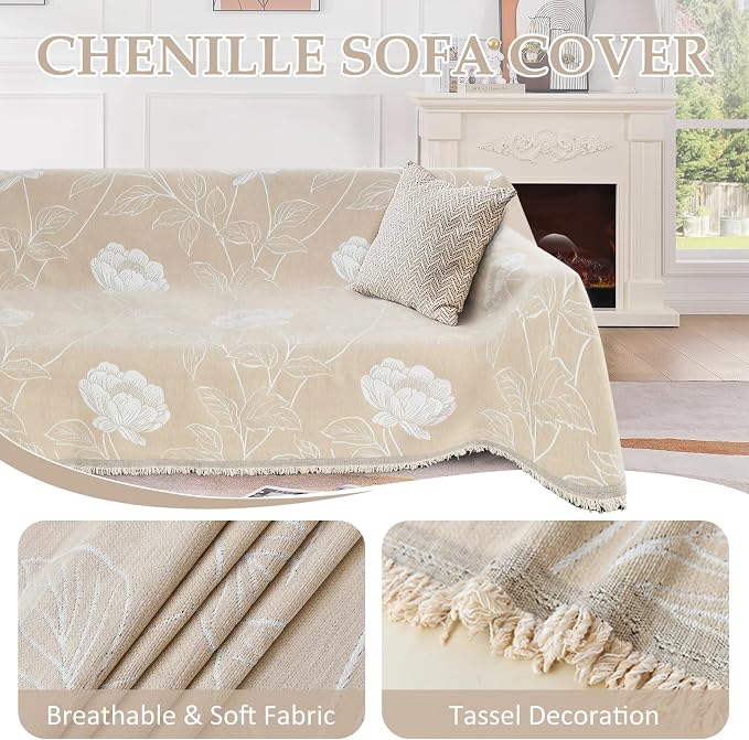 1OO% Waterproof Sectional Couch Covers for Dogs L Shaped Corner Sofa Cover Washable Chenille Sofa Slipcovers Blanket Modern Jacquard Pet Furniture Protector (91"x276", Beige Flower)