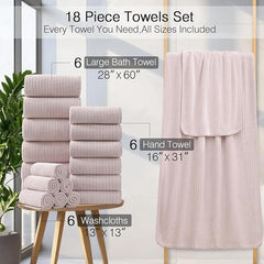 18 Piece Family Bath Towel Set Include 6 Bath Towels,6 Hand Towels and 6 Washcloths Soft Bathroom Towel with Hanging Loops,Highly Absorbent Quick Dry Towels Set for Bathroom,Hotel and Spa-Light Purple