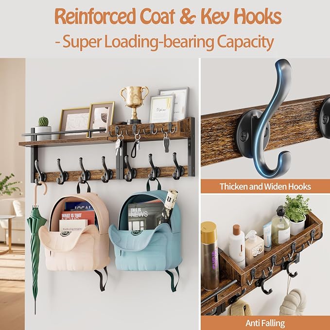 29 inch Coat Rack Wall Mount with Shelf, Entryway Wall Shelf with Hooks, Heavy Duty Coat Hanger Wall Mount with Key Holders and Mail Organizer for Living Room, Bedroom, Black & Brown