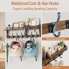 29 inch Coat Rack Wall Mount with Shelf, Entryway Wall Shelf with Hooks, Heavy Duty Coat Hanger Wall Mount with Key Holders and Mail Organizer for Living Room, Bedroom, Black & Brown