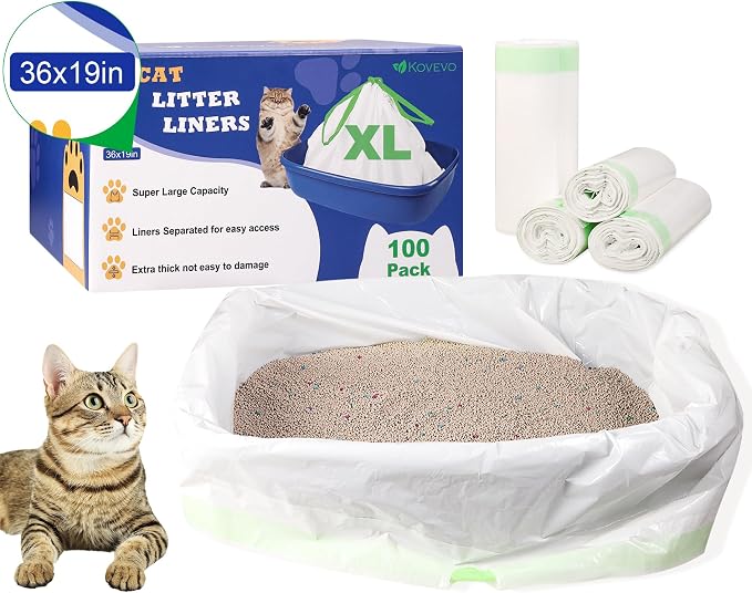 100 PCS Jumbo Cat Litter Box Liners for Large Litter Tray, 36"x19" | 3MIL Extra Thick, Heavy Duty, Tear & Leak Resistant, Drawstring Close