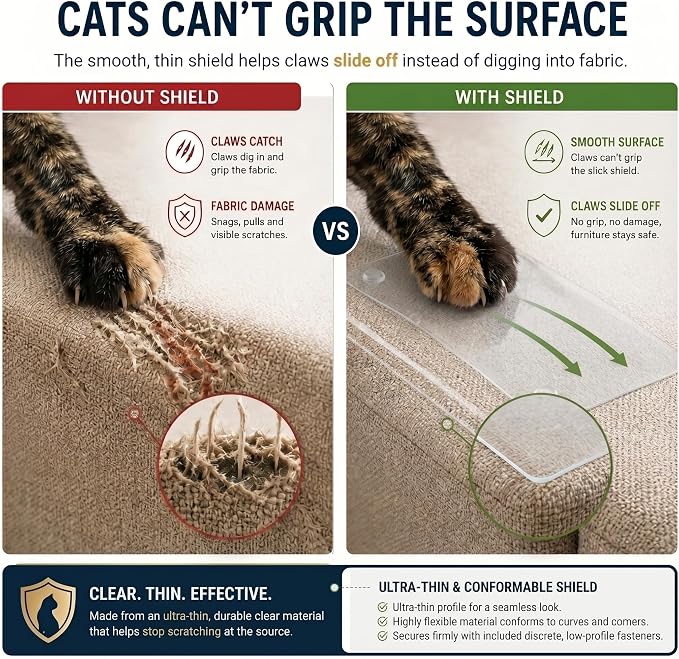12 Pack XL Anti Cat Scratch Furniture Protector - Couch Protector from Cat Claws w/Twist Pins, Clear, Easy-to-Apply Scratching Deterrent and Shield for Sofa (Not for Leather, Velvet, Microfiber)