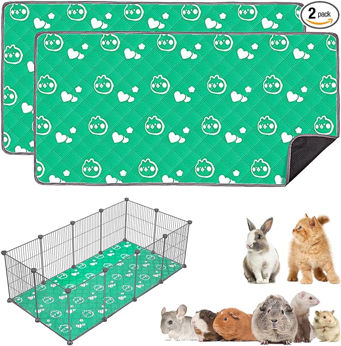 2 Pack Guinea Pig Bedding - Washable Guinea Pig Liners for C&C 2x4 Cage, Waterproof Reusable & Anti Slip Pee Pads Super Absorbent Mats for Small Animal Rabbit Hamster Rat (Green, 57 x 28 Inch)