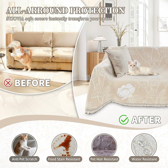 1OO% Waterproof Sectional Couch Covers for Dogs L Shaped Corner Sofa Cover Washable Chenille Sofa Slipcovers Blanket Modern Jacquard Pet Furniture Protector (91"x252", Beige Flower)
