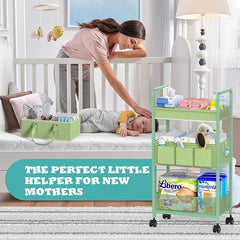 2in1 Baby Diaper Caddy Organizer Cart, 3-Tier Rolling Cart, Metal Diaper Caddy Carts, Bedside Carts for Nursery Essentials Storage, Detachable Dividers, Large Capacity, Green