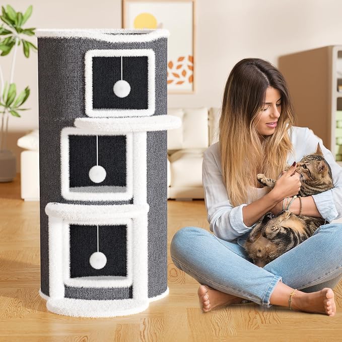 3-Storey Cat Beds for Indoor Cats House, Covered Beds & Furniture with Scratch Pad, Cat Hideaway Cave, Condo with Dangling Fluffy Balls for Multiple Kitten, Grey 15.75X15.75X35.43INCH