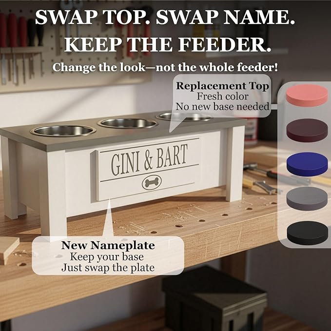 3 Bowl Dog Feeding Station, Personalized Triple Bowl Food Stand Medium Dogs | Farmhouse Style, Elevated Wood Stand, Storage Container, Stainless Steel Bowls, Raised Anti-Slip Feeder, Made in USA