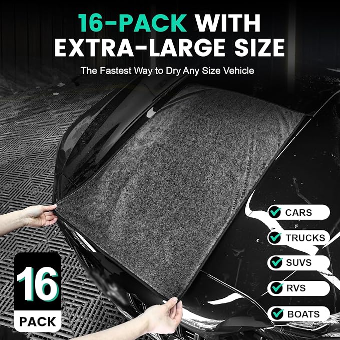 16 Pack Bulk Microfiber Towels for Cars, Microfiber Drying Towel, 35" x 24" | Extra-Large, Ultra-Absorbant Microfiber Drying Towel for Cars and Trucks, Super Absorbent Car Drying Towel, 600GSM