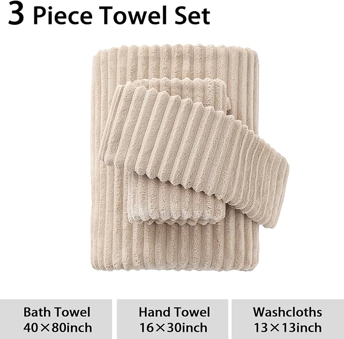 3 Pack Bath Towel Set, 40"x80" Oversized Bath Sheet, Beige | Ultra Soft Microfiber, Lint Free, Quick Dry, Highly Absorbent, Full Body Coverage, 1 Bath Sheet, 1 Hand Towel, 1 Washcloth