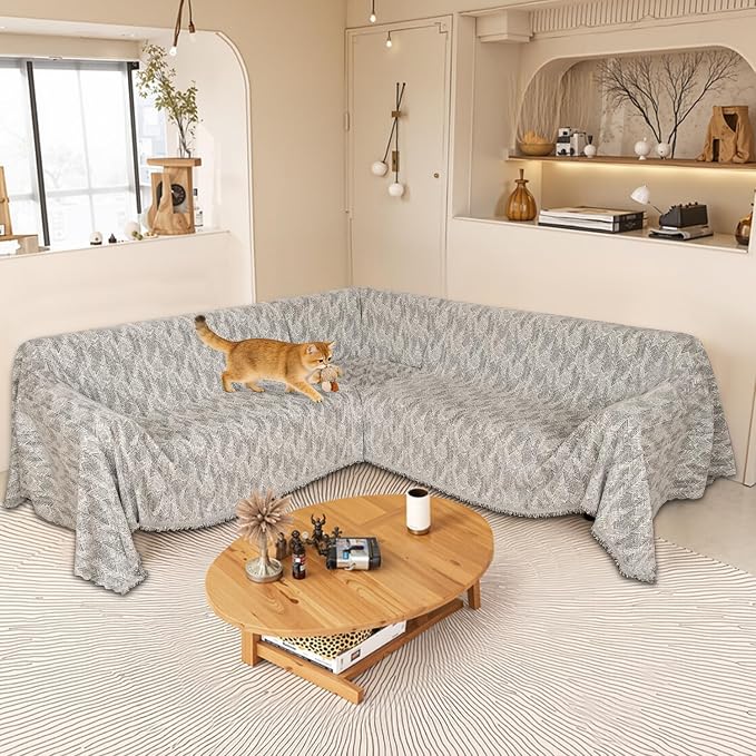 1OO% Waterproof Sectional Couch Covers for Dogs L Shaped Corner Sofa Cover Washable Chenille Sofa Slipcovers Blanket Modern Jacquard Pet Furniture Protector (91"x252", Gray Wave)