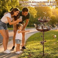2-in-1 Tall Bird Bath and Feeder for Outdoors, 47" Adjustable Metal Standing Birdfeeder with 5-Prong Base, Antique Copper Finish Rustproof Water Bowl & Seed Tray Station for Garden Yard Patio Decor