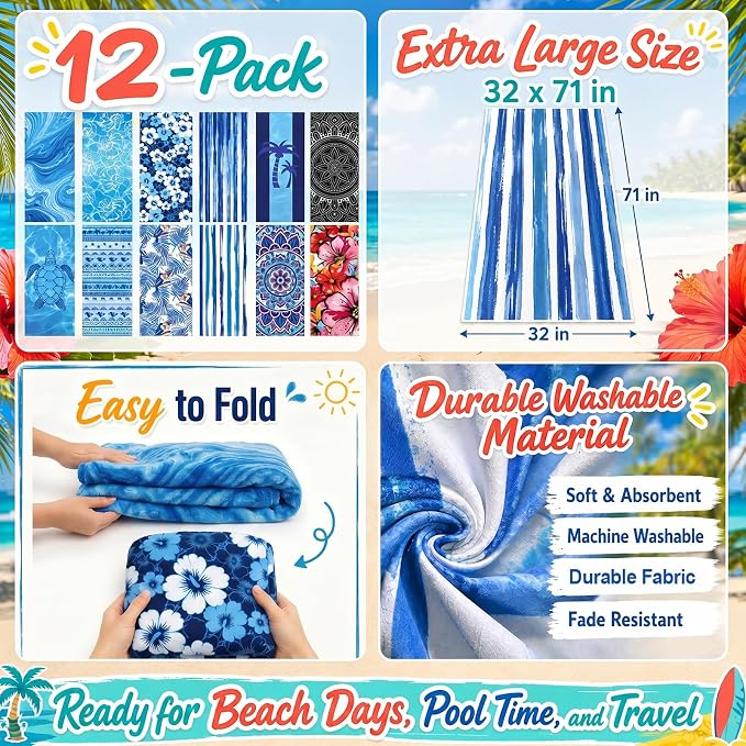 12 Pack Microfiber Beach Towel Set, 32x71 Oversized Extra Large Swim Pool Towel, Soft Fiber Beach Towels Set for Summer Travel, Spa, Swim Pool Accessories, Vacation Essential Gift (Blue and Floral Pac