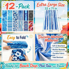 12 Pack Microfiber Beach Towel Set, 32x71 Oversized Extra Large Swim Pool Towel, Soft Fiber Beach Towels Set for Summer Travel, Spa, Swim Pool Accessories, Vacation Essential Gift (Blue and Floral Pac