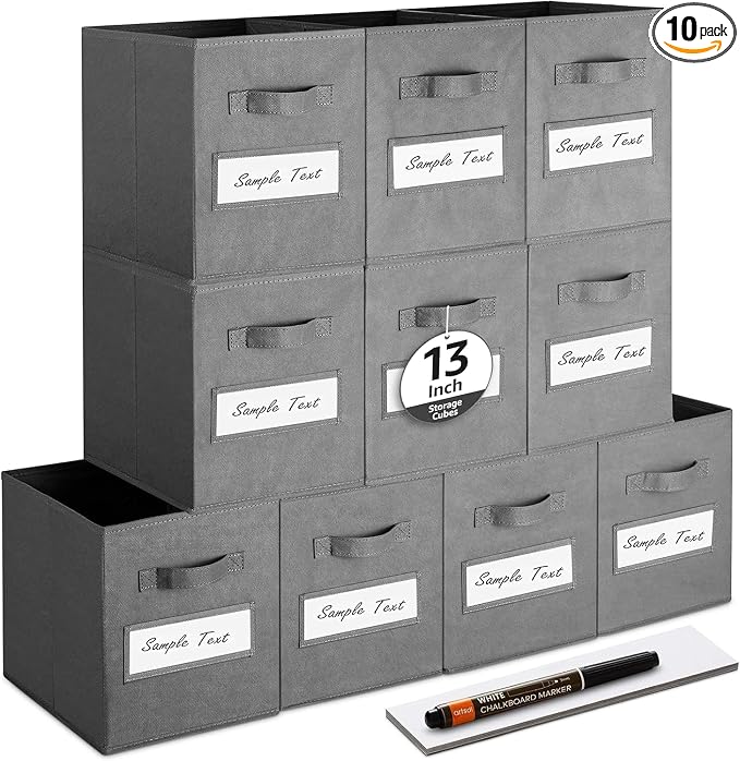 13x13x13 storage cube bins (Set of 10) Fabric storage cubes with 10 Labels Window Cards & a Pen, storage cubes 13x13, Collapsible 13 inch cube storage bins, Cubby Organizer Boxes, Gray