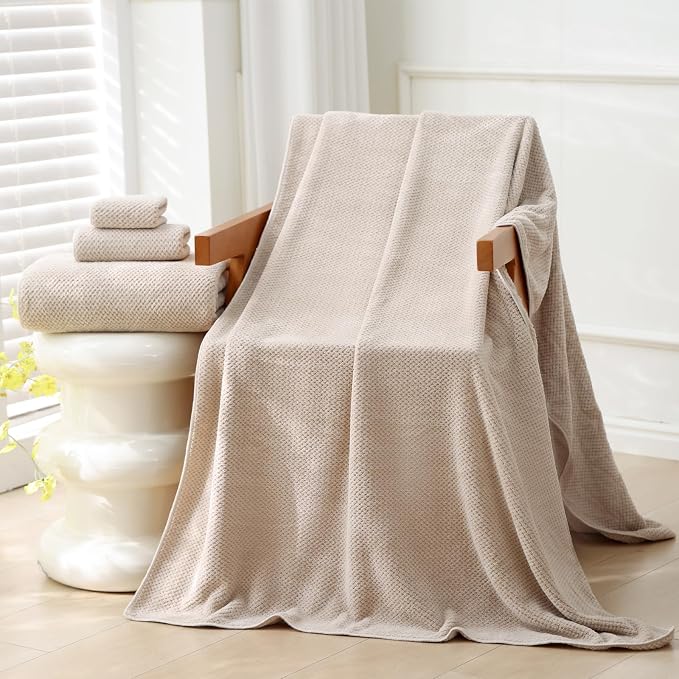 30x60 Inches Extra Large Bath Towels Set Super Soft Absorbent Luxury Microfiber Towels for Bathroom (Beige,3PCS) (Pack of 2)