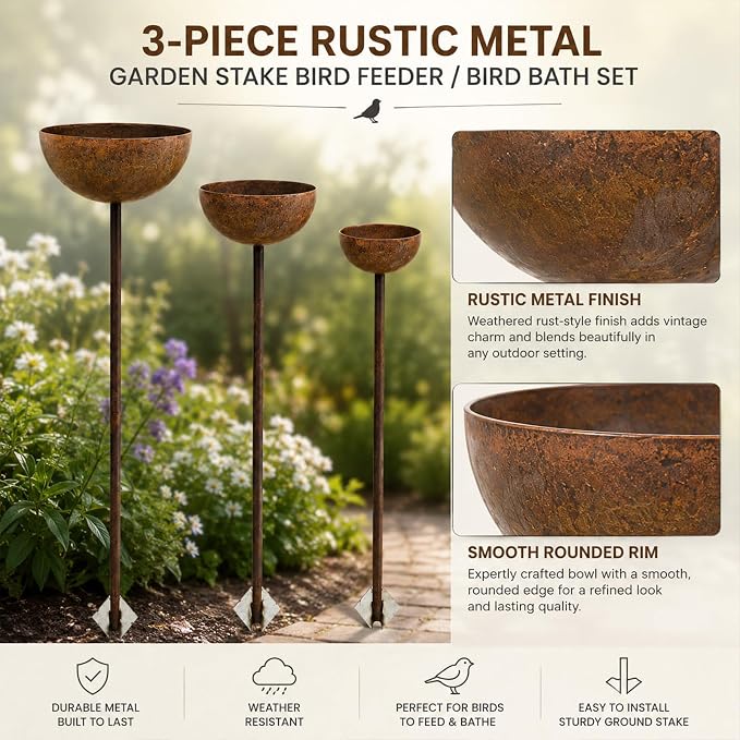 3 Pack Rustic Metal Bird Bath Stake Set for Outdoors, Garden Bird Bath Bowls with Ground Stakes, Bird Feeder Rain Catcher Wildlife Water Station for Birds, Bees & Butterflies