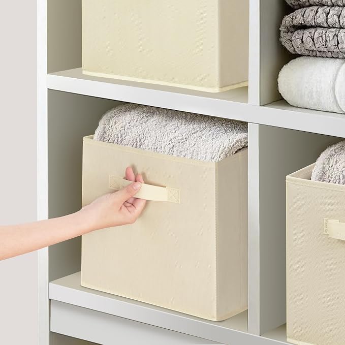 11 Inch Fabric Storage Cubes, Sturdy Foldable Storage Bins, Heavy Duty Cube Organizer for Clothes, Blankets, Shelves, Closets, Bedroom, Living Room, Beige, 9 Pack