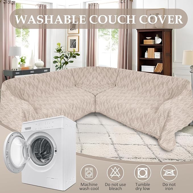 1OO% Waterproof Sectional Couch Covers for Dogs L Shaped Corner Sofa Cover Washable Chenille Sofa Slipcovers Blanket Modern Jacquard Pet Furniture Protector (91"x276", Light Khaki)
