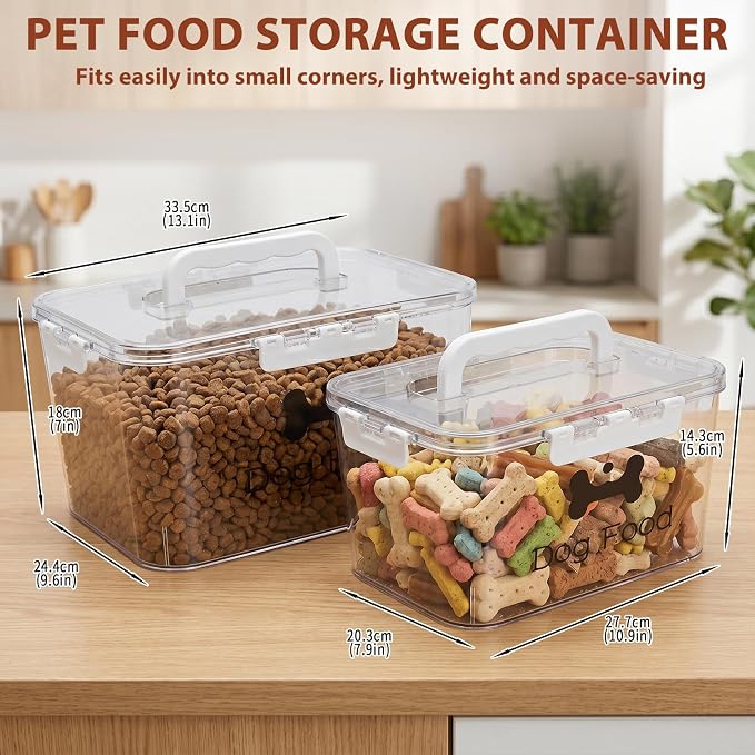 2-Piece Dog Food Container with Handle, Combined 15 Lbs Airtight Pet Food Treat Bin for Dogs Cats, Large Capacity Kibble Container for Kitchen Counter,Stackable and Keep Food Fresh